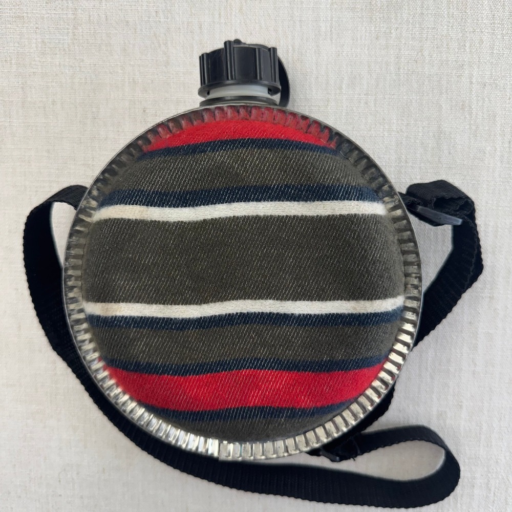 Vintage Metal Canteen Striped Wool Cover Shoulder Strap Hiking Flask 2 QT